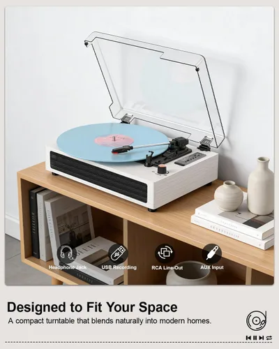 Vista 6 de Tocadiscos de vinilo Bluetooth, reproductor de vinilo retro de 3 velocidades con altavoces integrados, entrada AUX, parada automática, grabación