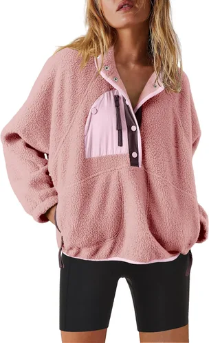 Vista 38 de Nirovien - Chaqueta de forro polar con capucha para mujer, manga larga, sherpa, sudadera mullida, abrigada, con botones y bolsillos Un rosa