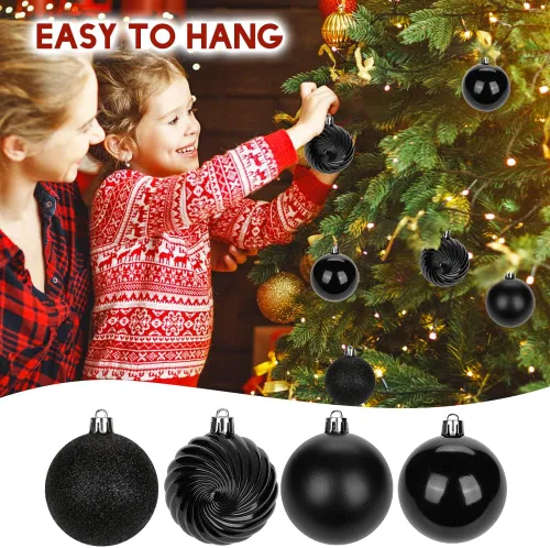 Vista 3 de Adornos de bolas de Navidad negras de 2.36 pulgadas, 25 piezas inastillables, set de adornos de Navidad, bolas de Halloween, adorno negro para árbol