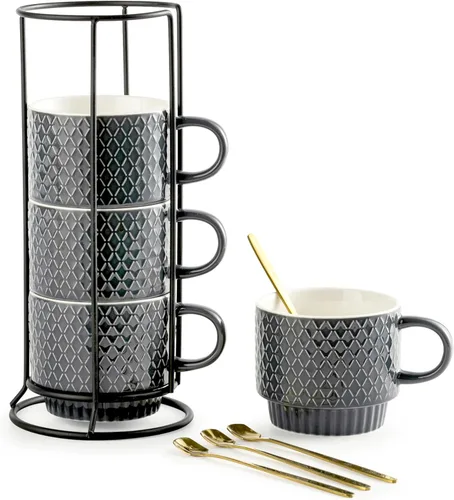Vista 8 de Gomakren - Juego de 4 tazas de café apilables de 13 onzas con soporte, color negro