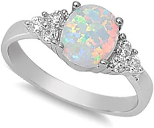 Vista 2 de Sterling Silver Oval Lab Created White Opal & White Simulated Diamond Ring Sizes 4-12