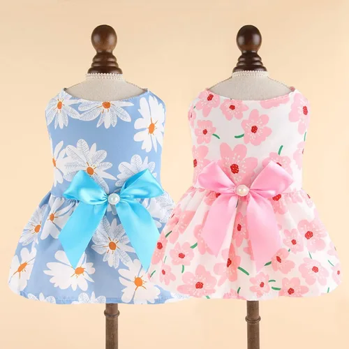 Vista 6 de 2 vestidos para perros pequeños, ropa para mascotas, vestidos de cachorro, vestido floral de verano, lindo vestido de gato femenino (S)