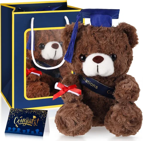 Vista 16 de Oso ZJoey con gorra de graduación Juguetes Clase de 2025 Oso de peluche Teddy Bear Animal con gorra y toga con tarjeta de felicitación y bolsa
