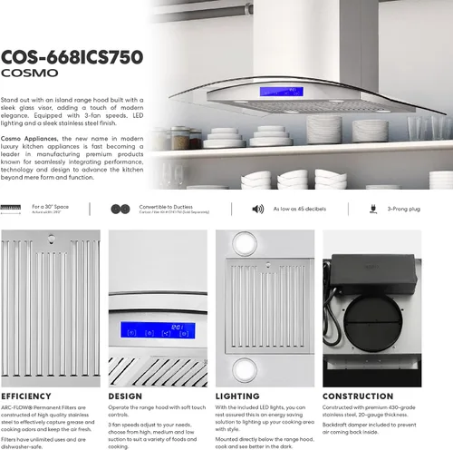 Vista 3 de COSMO COS-668ICS750 30 pulgadas Lumin Collection 380 CFM Campana extractora para isla con conductos, controles de toque suave, luces LED, acero