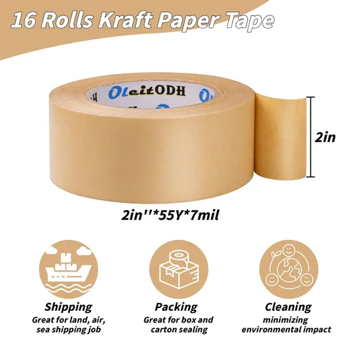 Vista 9 de Oleitodh Paquete de 16 cintas de embalaje de papel marrón, cinta de papel kraft a granel de 2 pulgadas x 55 yardas x 7 mil cinta engomada