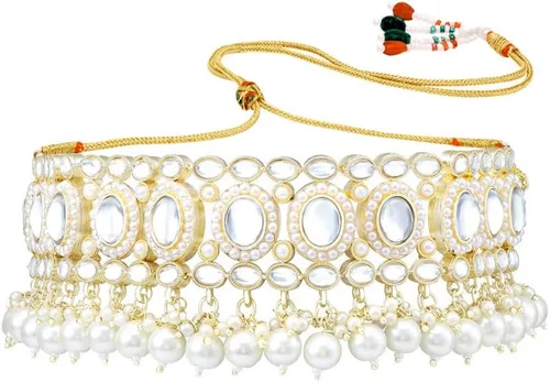 Vista 8 de Aheli Traditional Gold Plated Kundan Choker Necklace Chandbali Earring & Maang Tikka Ethnic Jewellery Set Gift for Women