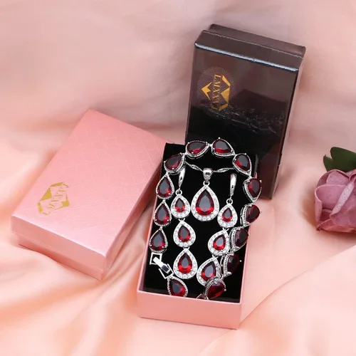 Vista 6 de LMXXVJ Juego de collar y aretes largos, chapados en oro blanco, juego de joyas de zafiro azul creado, joyería de regalo para boda, fiesta, joyería