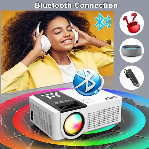 Vista 3 de TMY Proyector WiFi con Bluetooth 5.1, mini proyector de película compatible con 1080P, compatible con TV Stick, teléfono, computadora, HDMI, USB, TF