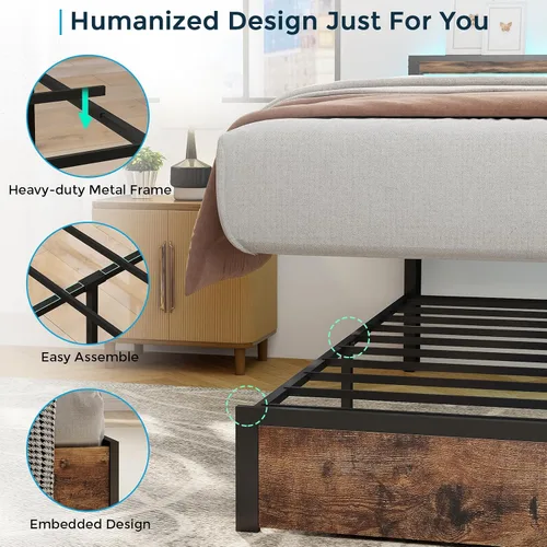 Vista 5 de SADENICEL Base de cama de tamaño matrimonial con almacenamiento, plataforma de cama de madera LED con cabecero, 2 cajones, estación de carga,