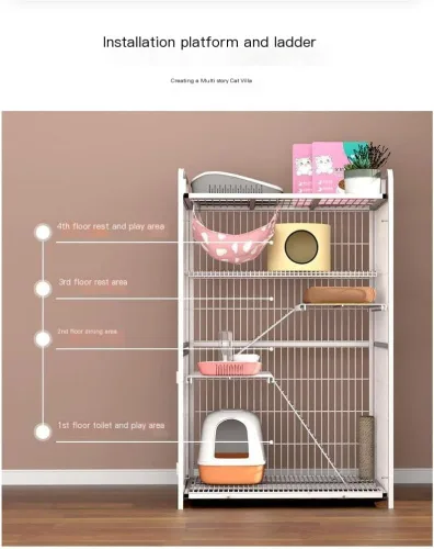 Vista 5 de Casa de lujo para gatos, jaula para gatos, espacio libre, jaula para gatos, casa de tres pisos, casa para gatos, gabinete de gato, nido de gato