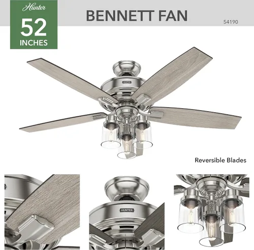 Vista 11 de Hunter Bennett 54190 - Ventilador de techo para interiores de 52 pulgadas con luces LED y control remoto, ventilador de techo de montaje estándar, 5