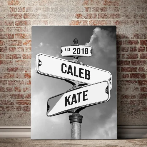 Vista 21 de Señal de calle vintage personalizada para parejas en lienzo, nombres y fecha personalizados, regalos de Navidad para ella o él, regalo del Día