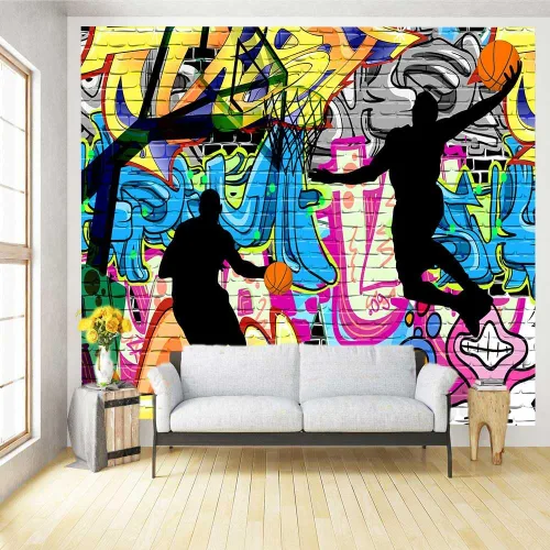Vista 10 de Ine Ive Tapiz deportivo de baloncesto con graffiti nostálgico, póster de pared de arte callejero de 40 x 30 pulgadas para niños, silueta de tiro
