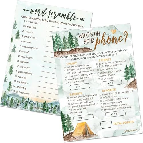 Vista 9 de DISTINCTIVS Little Adventurer - Juego de Baby Shower - ¿Qué hay en tu teléfono y palabras Scramble? 20 tarjetas de doble cara - Juegos de baby