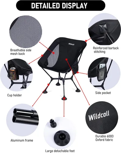 Vista 7 de WildCall - Silla de camping plegable y ligera, marco de instalación rápida with Anti-Sinking Large Feet Compact Beach Chair Backpacking Hiking