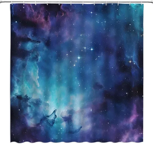 Vista 6 de Cortina de ducha de luna llena, paisaje nocturno del océano, agua de mar, superluna, astronomía, tela negra, juego de decoración de baño, incluye