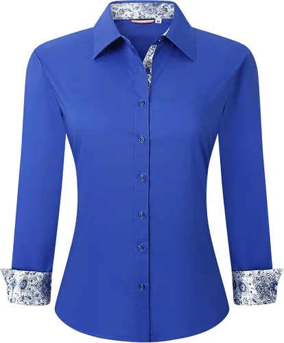 Vista 8 de WARHORSEE Blusas de vestir de manga larga con botones de algodón para mujer, blusas de trabajo elegantes de fácil cuidado, blusas casuales