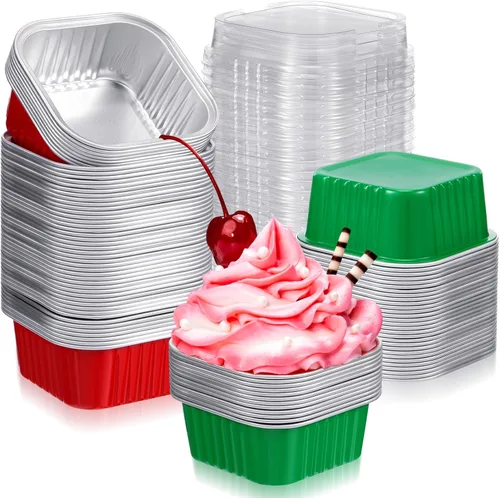 Vista 9 de 100 piezas de tazas de aluminio para Navidad, contenedor de cupcakes de papel de aluminio con tapas, 5 onzas, molde cuadrado de papel de aluminio