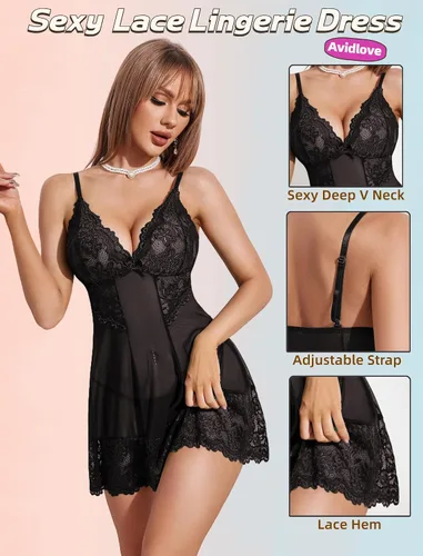 Vista 3 de Avidlove Lencería sexy para mujer, lencería tipo babydoll de malla, ropa de dormir con encaje