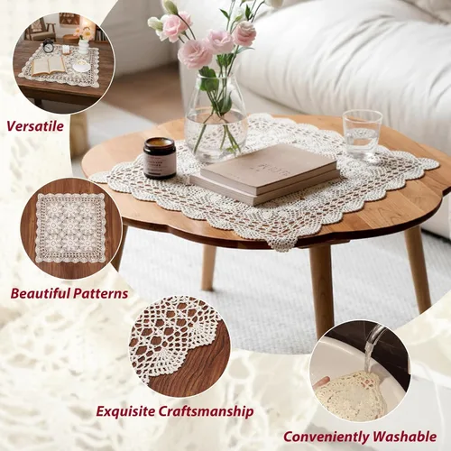 Vista 3 de kilofly Manteles individuales hechos a mano con encaje de algodón y ganchillo, para sofá, cuadrados, beige, 23 pulgadas