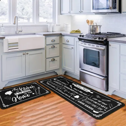 Vista 2 de Juego de 2 tapetes de cocina negros antideslizantes y lavables, juego de 2 tapetes decorativos antifatiga para áreas de cocina y comedor, decoración