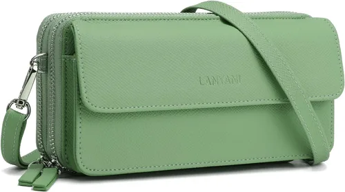 Vista 10 de Lanyani Cartera Cruzada RFID con Correa de Muñeca y Bolsillo para Teléfono para Mujeres de Cuero Vegano B-mostaza oscura