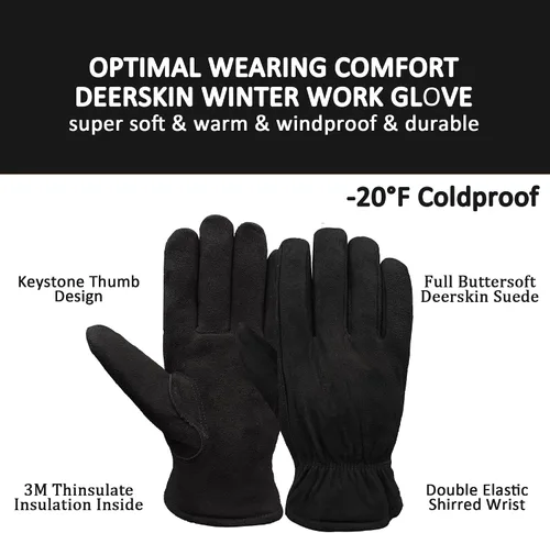 Vista 2 de SKYDEER 3M Thinsulate - Guantes térmicos de trabajo de invierno con piel de ciervo genuina resistente al viento (unisex)