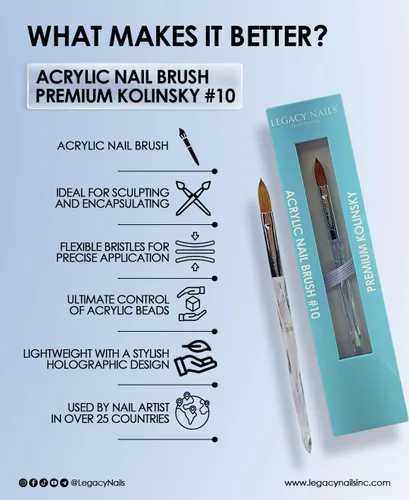 Vista 3 de Legacy Nails Cepillo de uñas KOLINSKY de alta calidad #10, cepillo profesional de uñas acrílicas con cerdas naturales de pelo Kolinsky, mango
