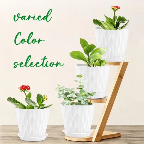 Vista 6 de YNNICO Macetas de 8 pulgadas, paquete de 6 macetas de plástico con drenaje Macetas de plástico blancas y ligeras, macetas de jardín para plantas