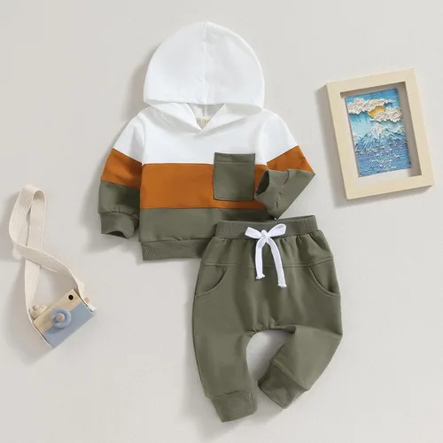 Vista 4 de Ropa para bebé niño pequeño, sudadera con capucha y bloques de color, 2 piezas, sudadera para otoño e invierno