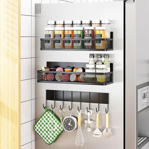 Vista 10 de Aufworld Estante magnético para especias para refrigerador, paquete de 2 estantes magnéticos, organizador magnético para refrigerador con 4 ganchos