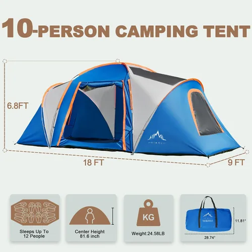 Vista 2 de uniHimal Tents for Camping, Waterproof 10 Person Family Tent with Double Layer & 4 Large Mesh Windows, Weather Resistant Easy Setup 2 Room Big Tent