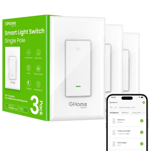 Vista 8 de Interruptores inteligentes GHome Smart para luces, interruptor de luz WiFi inteligente funciona con Alexa y Google Home, un solo polo, requiere