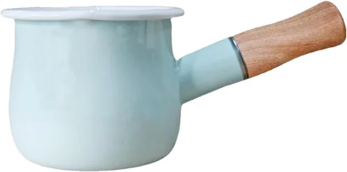 Vista 9 de Mini Olla de Leche Esmaltada de 0.6 Cuartos con Mango de Madera Aislado, 2 Picos Vertedores, Calentador de Alimentos Pequeño, Cacerola Bonita