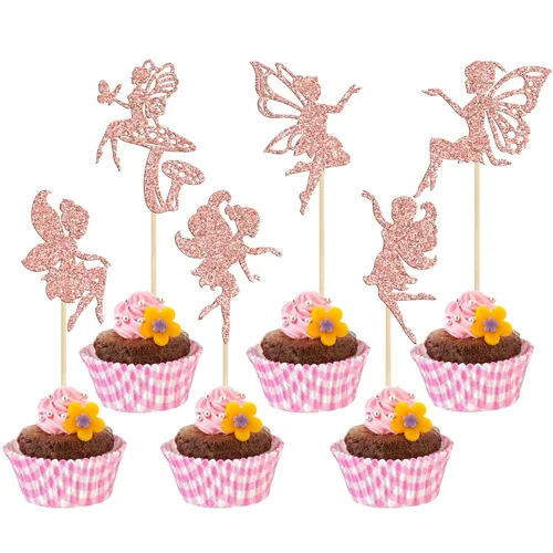 Vista 16 de Gyufise Paquete de 24 adornos para cupcakes con purpurina negra que nunca crecen para cupcakes en P Pan para baby shower Never Grow Up