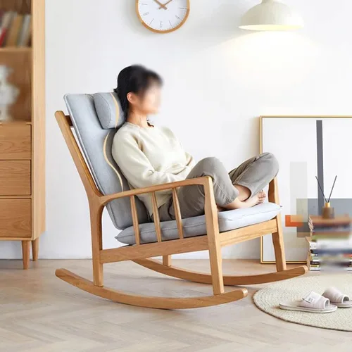 Vista 6 de Silla de oficina de madera maciza con almohada, mecedora para el hogar, silla de ocio tapizada extraíble, adecuada para sala de estar, dormitorio