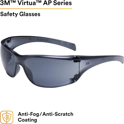 Vista 2 de 3M Anteojos de seguridad, Virtua AP, 1 par, ANSI Z87, antiniebla, revestimiento antiarañazos, lente gris, montura gris, protectores laterales