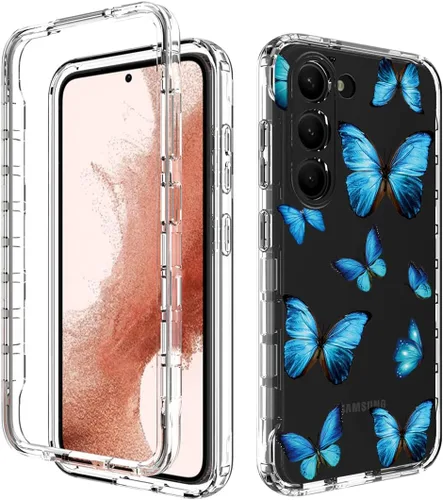 Vista 6 de Funda para Galaxy S23, Samsung S23 con protector de pantalla de vidrio templado, patrón de mariposa transparente de cuerpo completo, funda