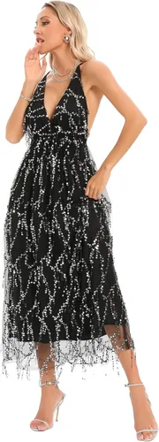 Vista 5 de Aigeman Sexy cuello en V profundo tirantes espagueti sin espalda lentejuelas Maxi vestido de fiesta de encaje mameluco brillante brillo vestido