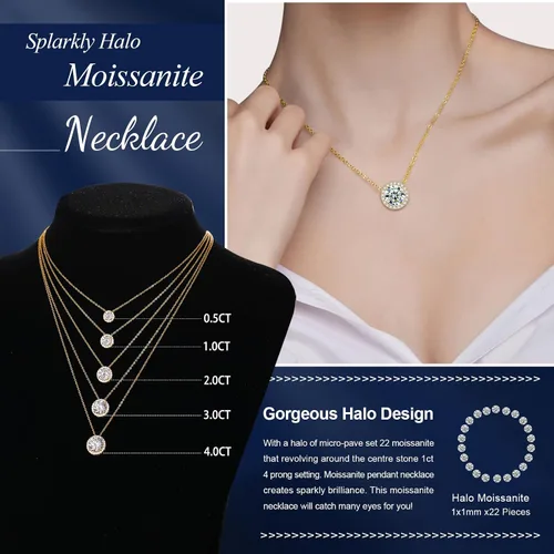 Vista 4 de Collar de moissanita con halo para mujer, 0.5 quilates-4.0 quilates, chapado en oro blanco y amarillo de 18 quilates, delicado regalo de aniversario