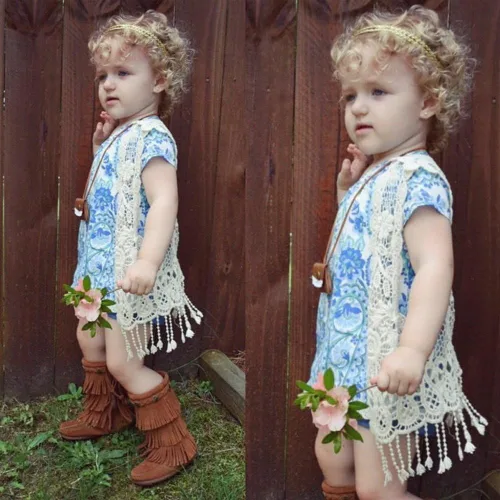 Vista 2 de SMILING PINKER Chaleco de ganchillo para niña pequeña con flecos Beige