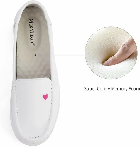 Vista 3 de MaxMuxun Zapatos de enfermería antideslizantes de las mujeres de cuero cómodo resbalón en zapatos planos mocasines para el trabajo del restaurante