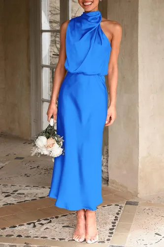 Vista 3 de CFLONGE Vestidos de verano para mujer 2023 con cuello alto falso sin mangas, vestido largo de satén para invitados de boda, fiesta de noche