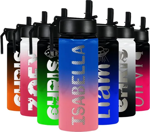Vista 27 de Botella de agua personalizada para niños con tapa de popote en azul aguamarina degradado para la escuela, nombre personalizado para niños, 18 onzas