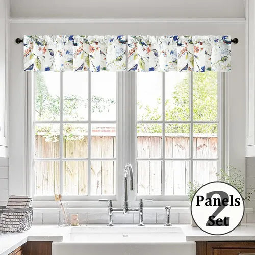 Vista 7 de VOGOL Cenefas de cortina de estilo rústico para ventanas, cenefa decorativa con estampado de hojas de pájaro azul, para cocina, baño, loft
