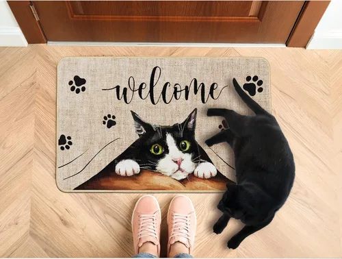Vista 2 de Tapete de bienvenida para puerta de gato, tapete antideslizante de huellas divertidas, decoración familiar, tapete de entrada para interiores
