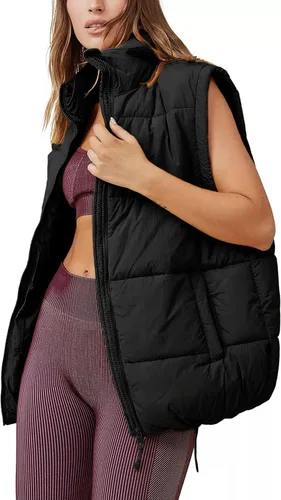 Vista 2 de Huaqiao Chaleco acolchado para mujer, cuello alto, sin mangas, con cremallera, chaleco de invierno