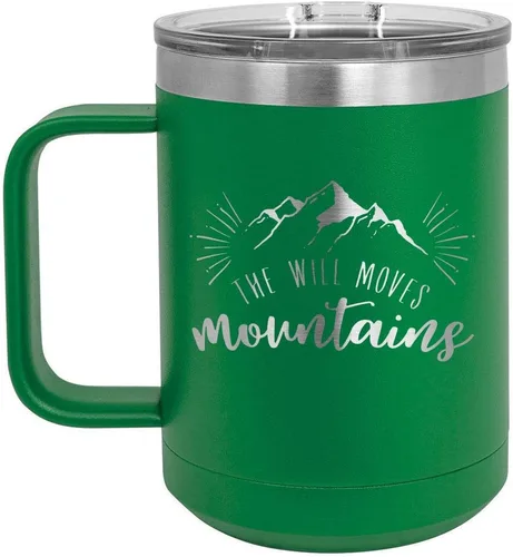 Vista 8 de Taza de café con tapa superior deslizante, diseño de The Will Move Mountains, color negro, de 15 oz con tapa superior Taza de café de viaje