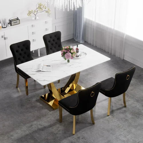 Vista 24 de Juego de mesa de comedor de cristal moderno de mediados de siglo para 4, 63 pulgadas, juego de comedor rectangular grande de lujo con parte superior