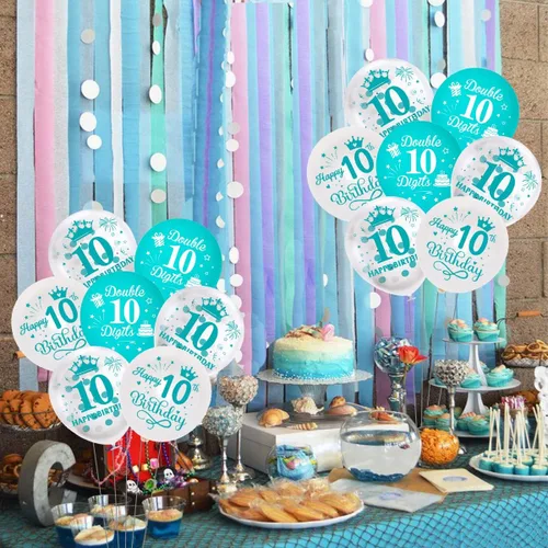 Vista 2 de Globos de cumpleaños número 10, paquete de 45 decoraciones de cumpleaños de dos dígitos, color turquesa, juego de globos de látex azul y blanco
